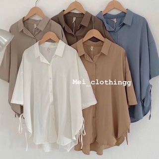 Áo sơ mi ngắn tay nữ áo sơ mi form rộng đan dây 2 bên hông dáng basic trẻ trung - A18