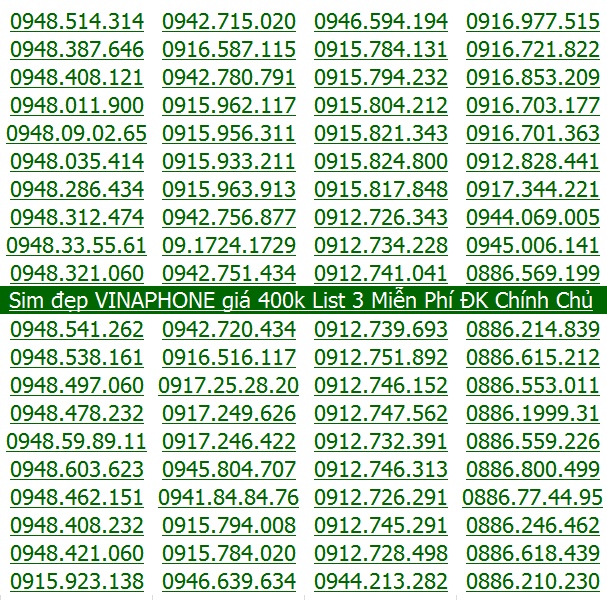 Số đẹp VINA Giá Rẻ 400k List 3 Miễn Phí Đăng ký Chính Chủ Được Hưởng Nhiều Gói Khuyến Mãi Của Vinaphone