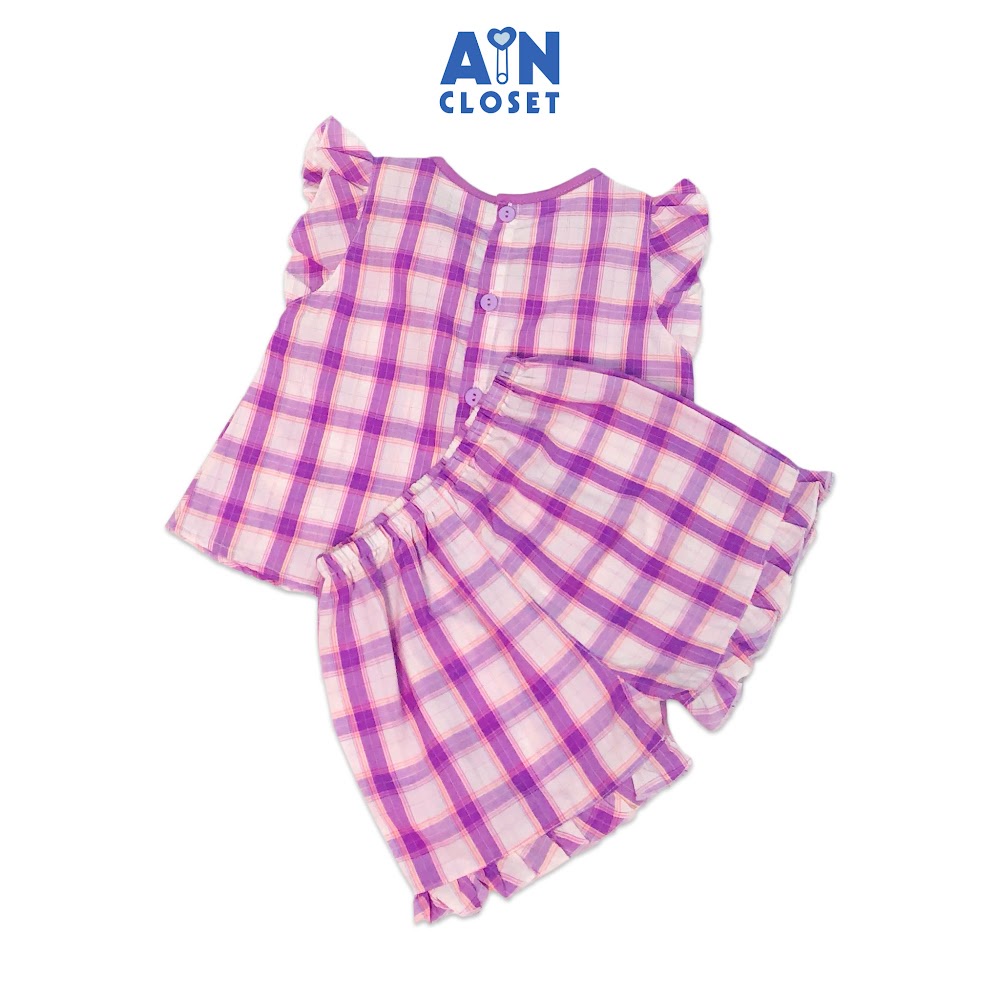 Bộ quần áo ngắn bé gái họa tiết Caro tím trắng cotton - AICDBGRZQ5DV - AIN Closet