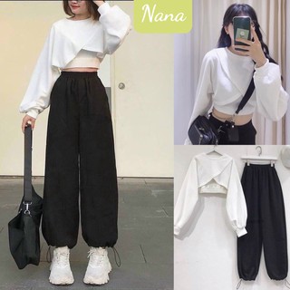 Set 3 món tay dài crt chéo quần jogger rút dây ống rộng ulzzang