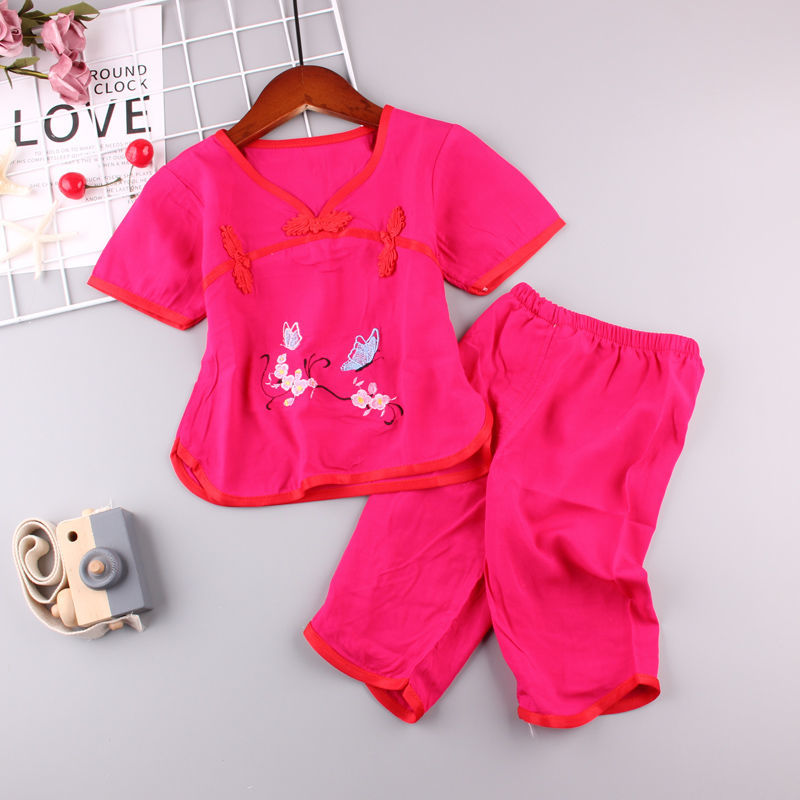 Baby Girl Suit Hanfu Quần Dài Cắt Ngắn 2 Mảnh Cotton Lụa Thêu Retro Tang Suit