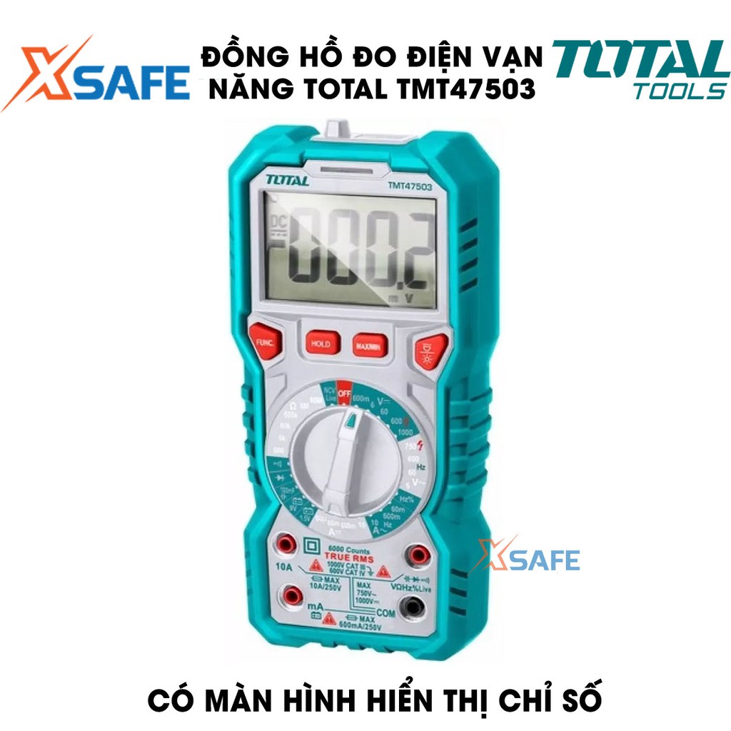 Đồng hồ đo điện vạn năng TOTAL TMT47503 Thiết bị đo điện cầm tay màn hình LCD 6000 số đếm, có đèn nền, đèn chiếu sáng