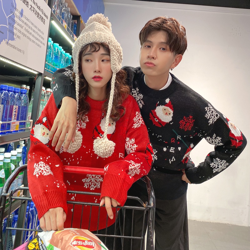 Áo sweater Dệt Kim Dày Dáng Rộng In Họa Tiết Ông Già Noel Thời Trang Thu Đông 2021 Cho Cặp Đôi
