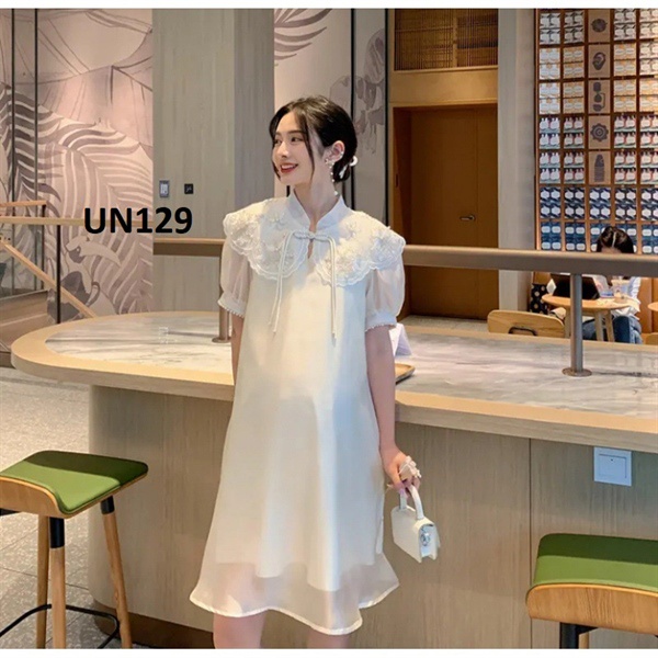 Đầm bầu cổ tàu màu trắng, mẫu mới nhất, hàng Quảng Châu,chất liệu tơ mềm  -UN129