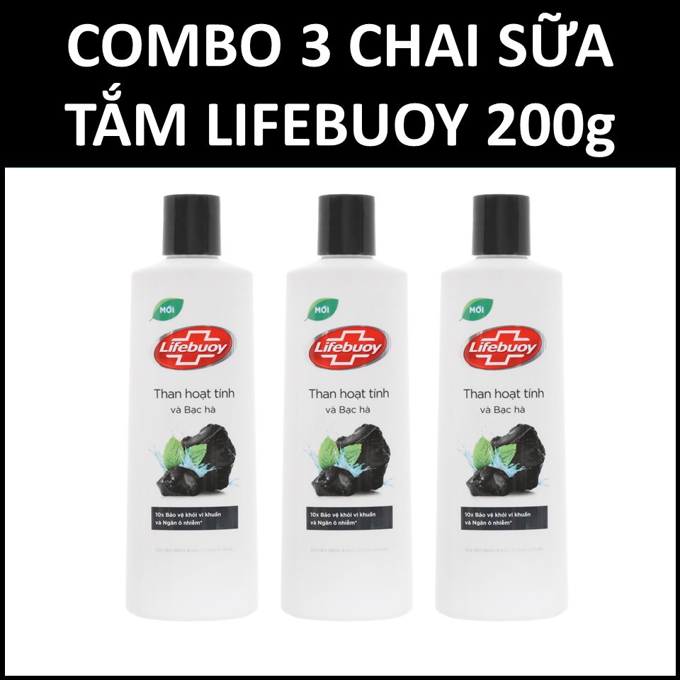 COMBO 3 chai sửa tắm Lifebuoy than hoạt tính và bạc hà 200g