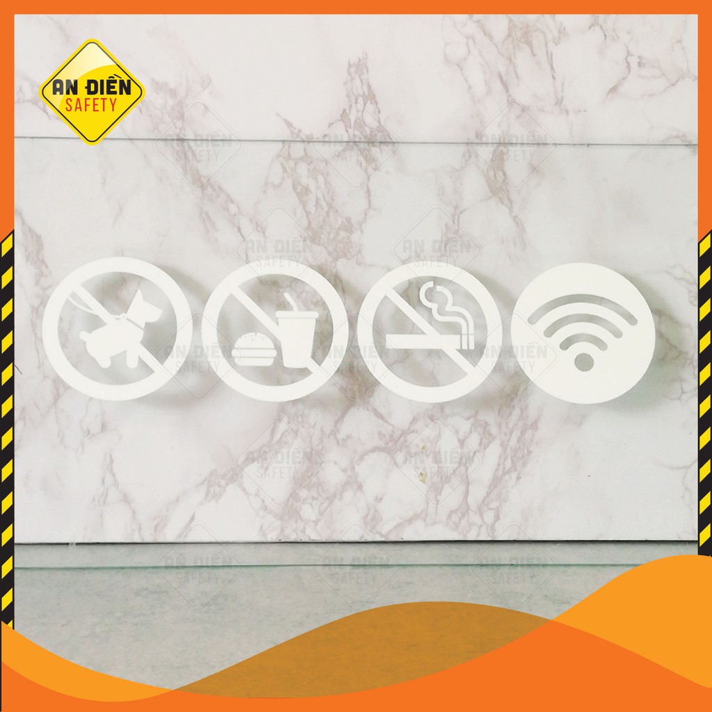 Bộ 4 Sticker bằng Decal dán Biển Báo No Smoking, Free Wifi, ...In UV màu trắng, biển báo An Điền Safety