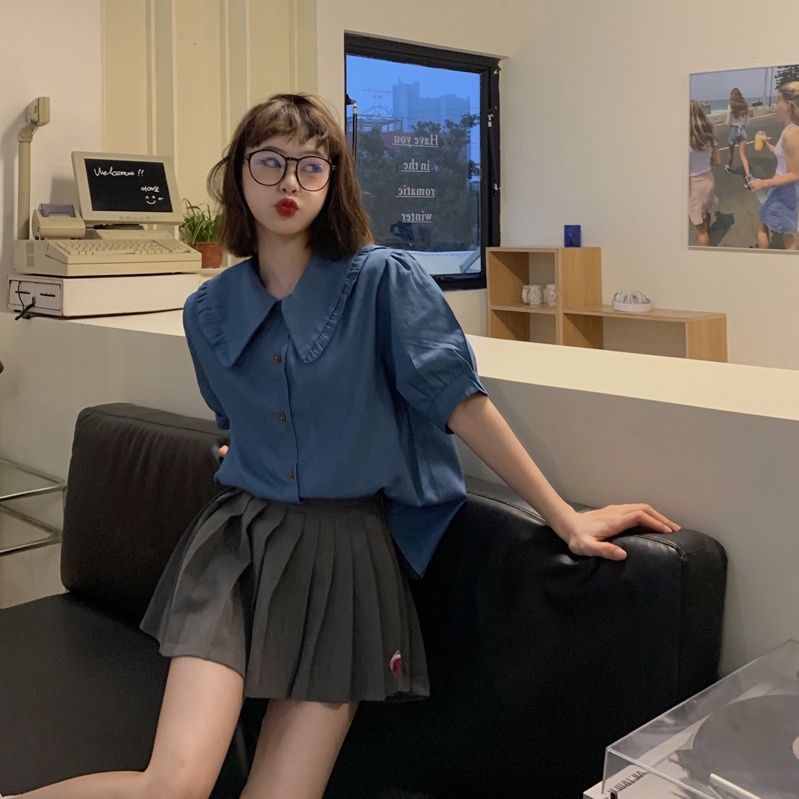 Áo sơ mi SUXI tay ngắn cổ búp bê màu trơn đơn giản dễ phối đồ thời trang mùa hè cho nữ