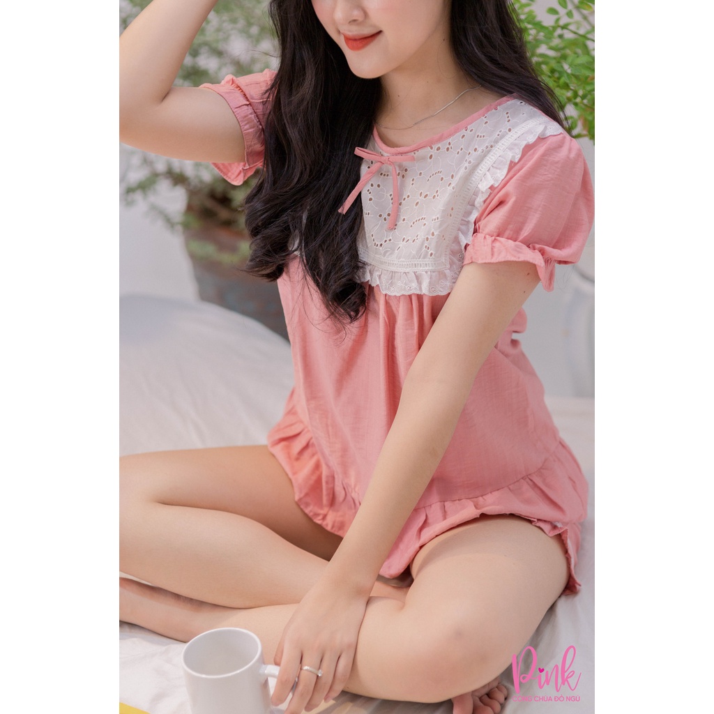 Bộ Ngủ Pijama Nữ Tay Ngắn Quần Đùi Chất Đũi Cao Cấp Màu Hồng Phong Cách Ulzzang Hàn Quốc HOT TREND