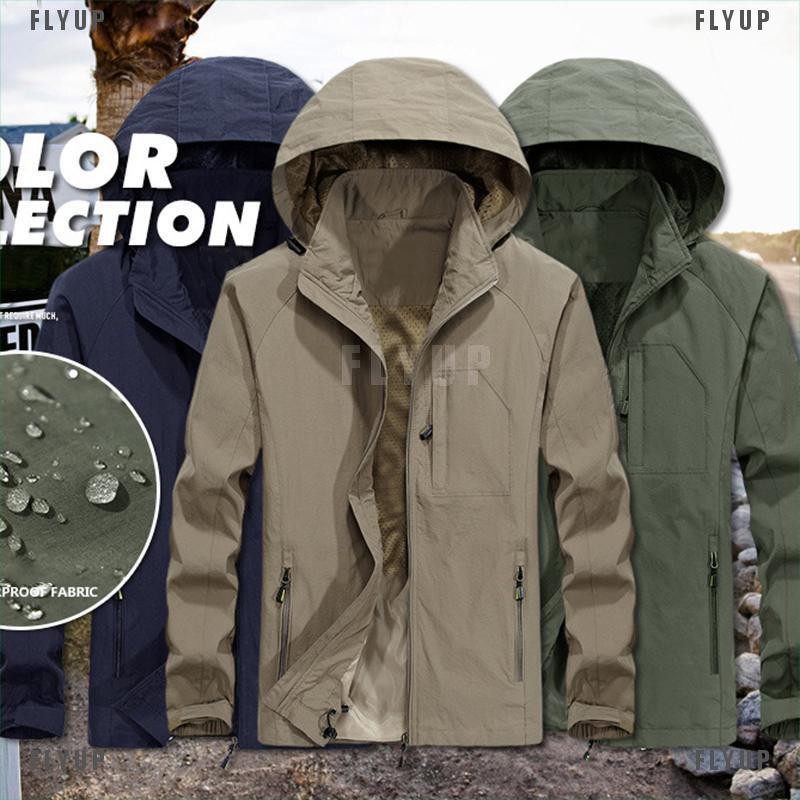 「FLYUP」Mens Windproof Waterproof Jacket Outdoor Hiking Hooded Rain Mac Coat Outwear