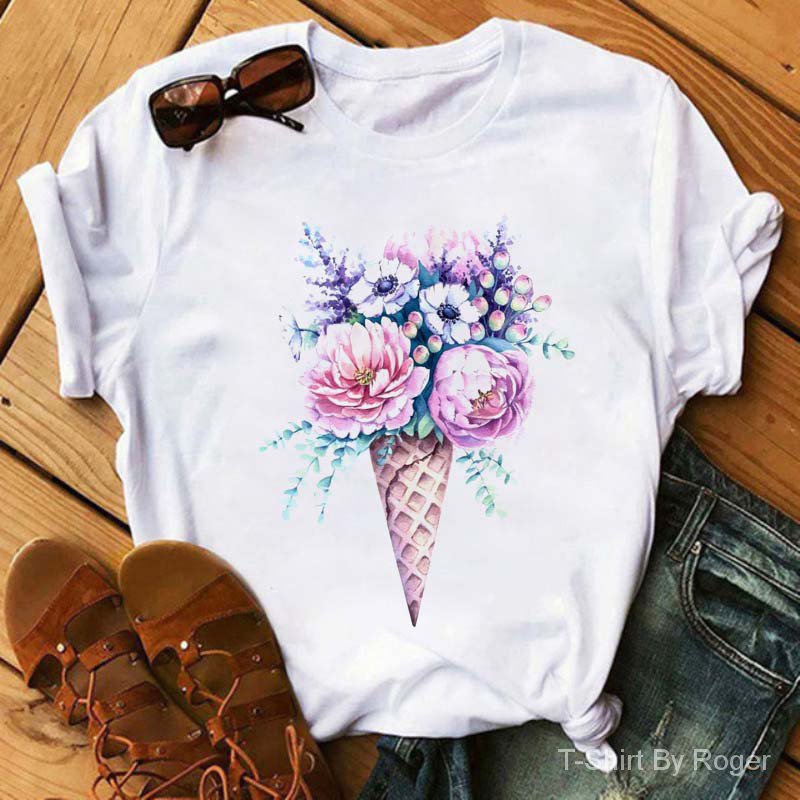 Ice cream floral woman T-shirt Kem Hoa In Cặp Đôi Nam Và Nữ Ngắn TayTÁo Sơ Mi Thời Trang Phụ Nữ T-Shirt Phụ Nữ TÁo Sơ Mi Phụ Nữ Ngắn Tay Áo Sơ Mi Nữ