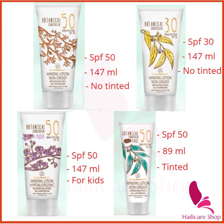 [Nhập Mỹ] Kem Chống Nắng Australian Gold Botanical SPF 50 Kids Mineral/ SPF 50 Mineral/ SPF 50 Tinted Face/ SPF 30 Mine