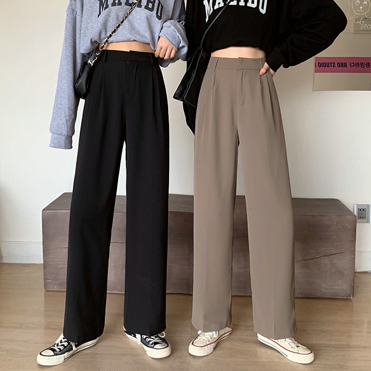 Quần dài lưng cao màu trơn kiểu dáng đơn giản 37735
