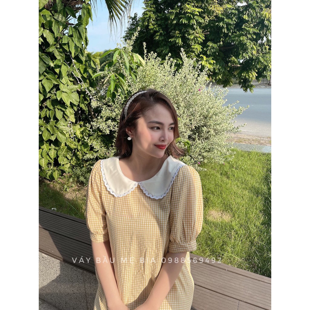 Váy bầu bigsize -Đầm bầu thiết kế GuMe Kẻ caro Vàng dáng đuôi cá Cổ Sen Trắng Tay Lỡ chất vải thô cotton mềm MB263