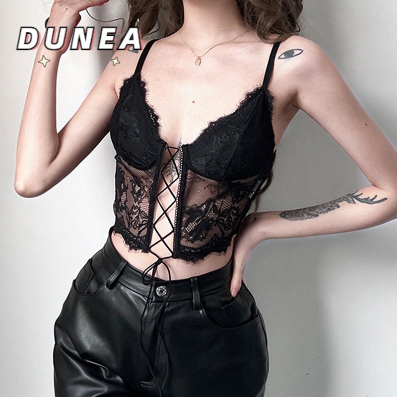 Áo lửng DUNEA vải ren xuyên thấu cổ chữ V gợi cảm cho nữ