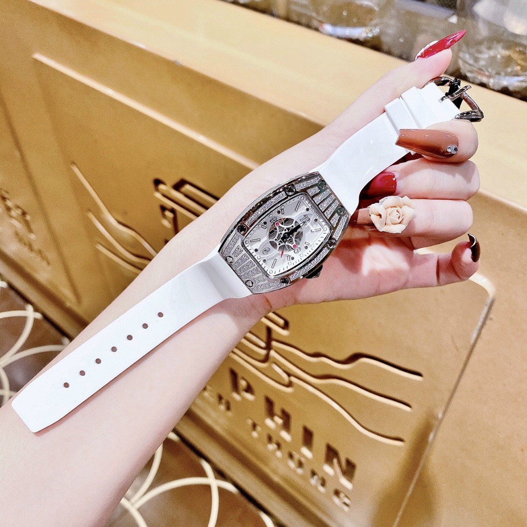 Đồng Hồ Nữ hanboro Quartz , Dây Cao Su Màu Trắng , Size 38x30mm