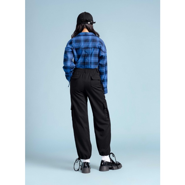Áo sơ mi croptop tay dài dây thắt eo thời trang GAGO hoạ tiết caro xanh dương GA3838