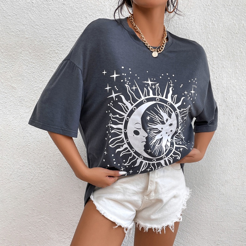 Áo Thun Tay Ngắn Cổ Tròn In Hình Mặt Trời Mặt Trăng Phong Cách Harajuku Vintage Thời Trang Mùa Hè Cho Nữ