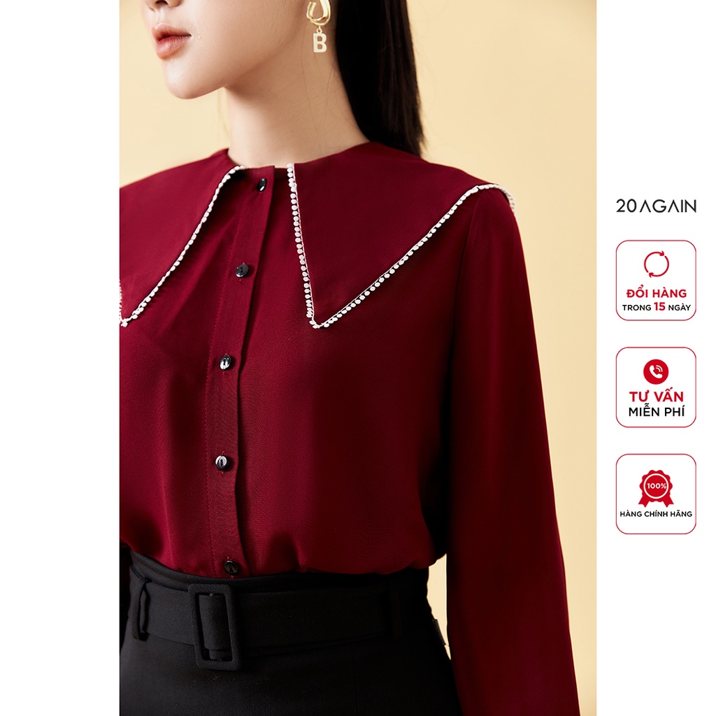 Áo sơ mi nữ dài tay cổ viền ren 20AGAIN,  thiết kế công sở thanh lịch, vải voan gân cao cấp ASA1922
