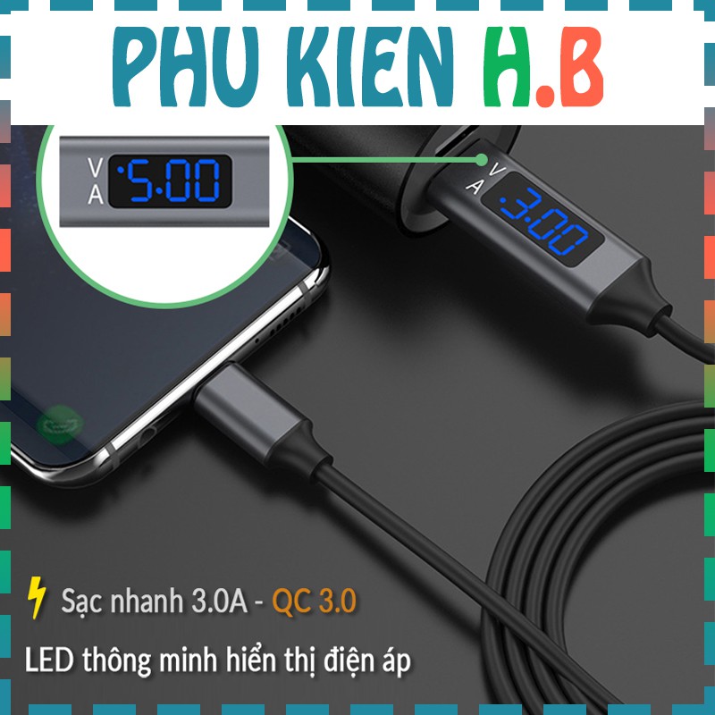 Cáp sạc nhanh 3A Micro USB, Lightning, Type C - Có màn hình thông minh hiển thị điện áp - Phụ Kiện HB