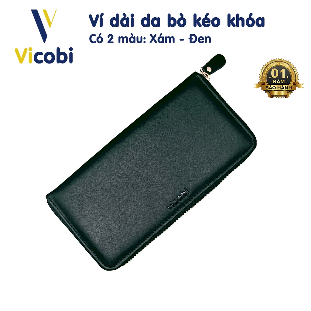 Ví dài kéo khóa Da Bò Vicobi, Bóp dài nam cầm tay đựng card và mọi giấy tờ cũ mới (hàng gia công Việt Nam)