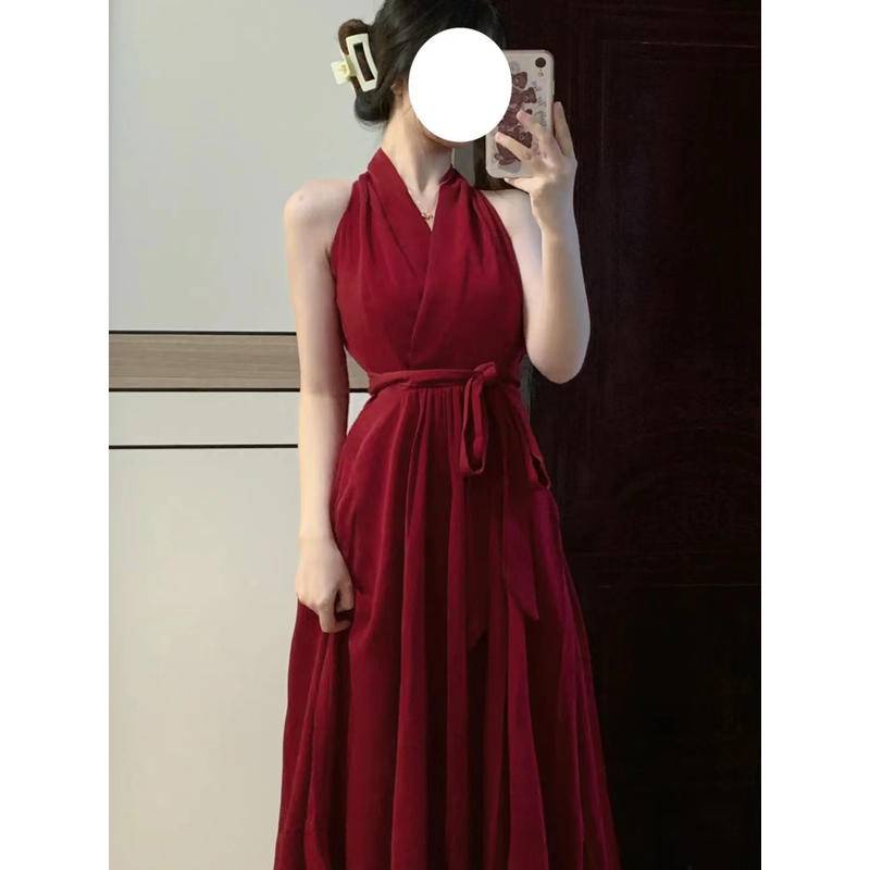 Váy Cổ Yếm Màu Đỏ Váy Dài Vừa Phải Bó Eo Cổ Chữ V Cho Nữ