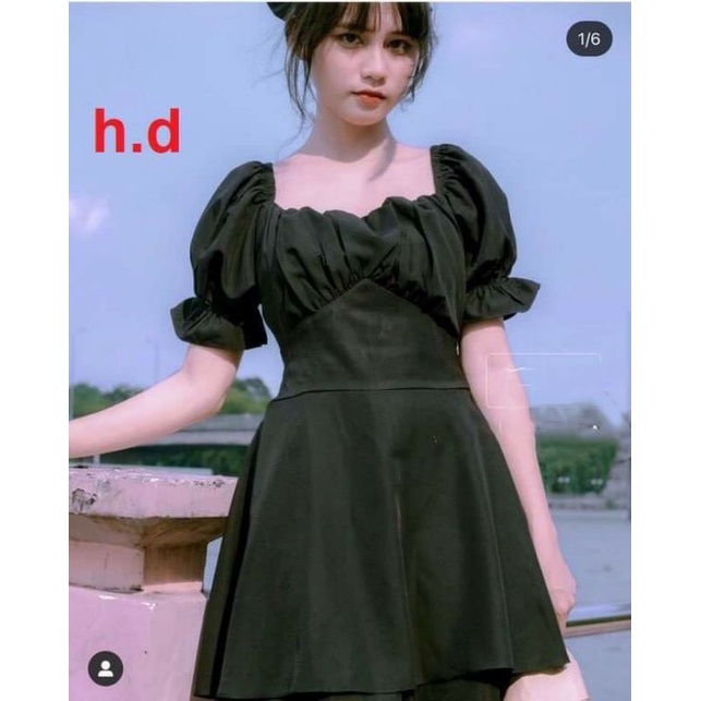VÁY Trễ Vai cổ vuông ngắn tay Nơ lưng 2 lớp FREESIZE  Đầm Vintage tiểu thư Bánh Bèo Nhún Tay Sang chảnh
