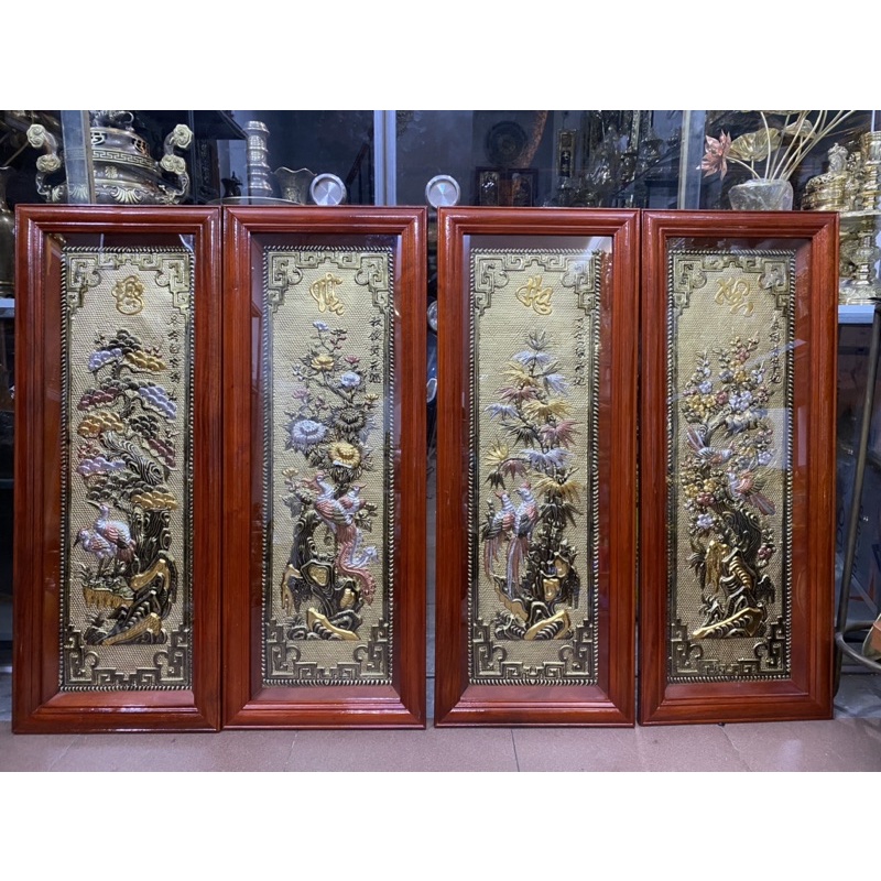 Tranh tứ quý 4 tấm chất liệu Bằng Đồng nguyên chất 💯 kích thước 40x100cm