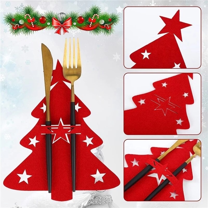 Set 4 Vỏ Bọc Muỗng Nĩa Hình Cây Thông Giáng Sinh Trang Trí Bàn Ăn / Tiệc Tùng Gia Đình