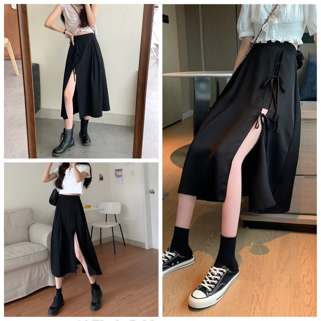 Chân váy ulzzang xẻ tà thắt nơ cạp chun,chân váy nữ xẻ tà dáng dài ulzzang | BigBuy360 - bigbuy360.vn