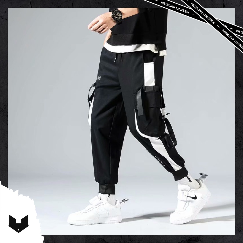 Quần jogger unisex nam nữ boxpant line đen trắng đai túi hộp tập gym, hiphop đường phố