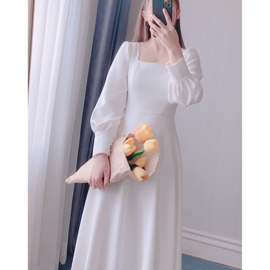 Đầm trắng dài tay cổ vuông ren hạt gạo / Đầm xòe dáng dài cho nữ