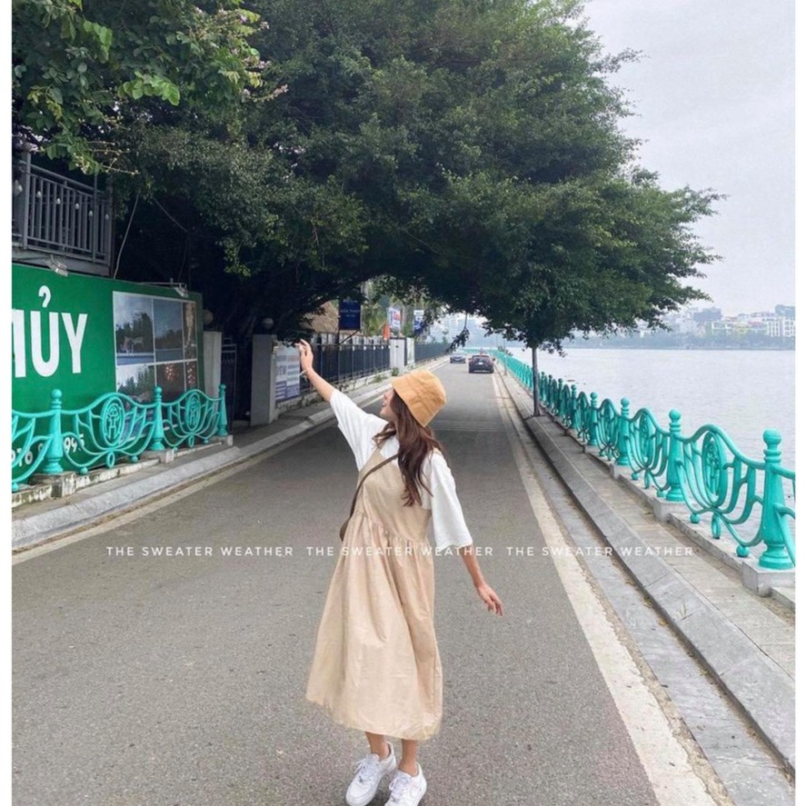 Bộ Yếm Kaki Màu Be Dài Kèm Áo Thun Cotton ️🎶 Sét Yếm Nữ Áo Thun Dáng Rộng
