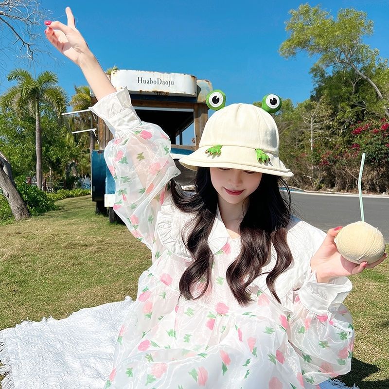 Bản con ếch dễ thương Mũ của ngư dân,Chất liệu cotton tinh khiết, dễ phối với áo chống nắng và che nắng