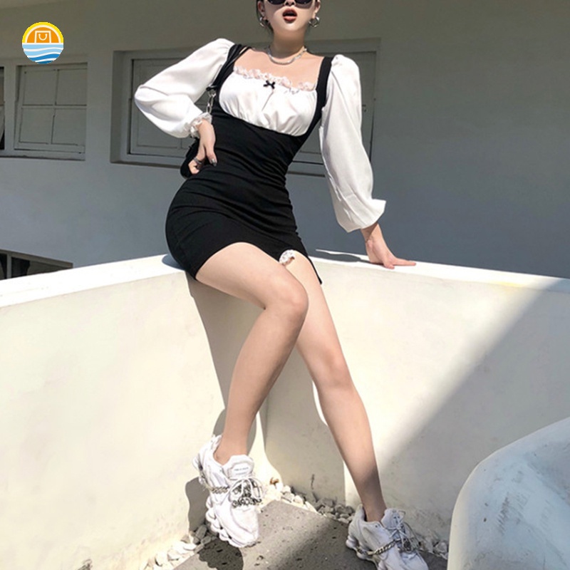 Đầm cổ vuông tay phồng màu trắng đen phong cách Pháp thời trang thu đông cho nữ 2
