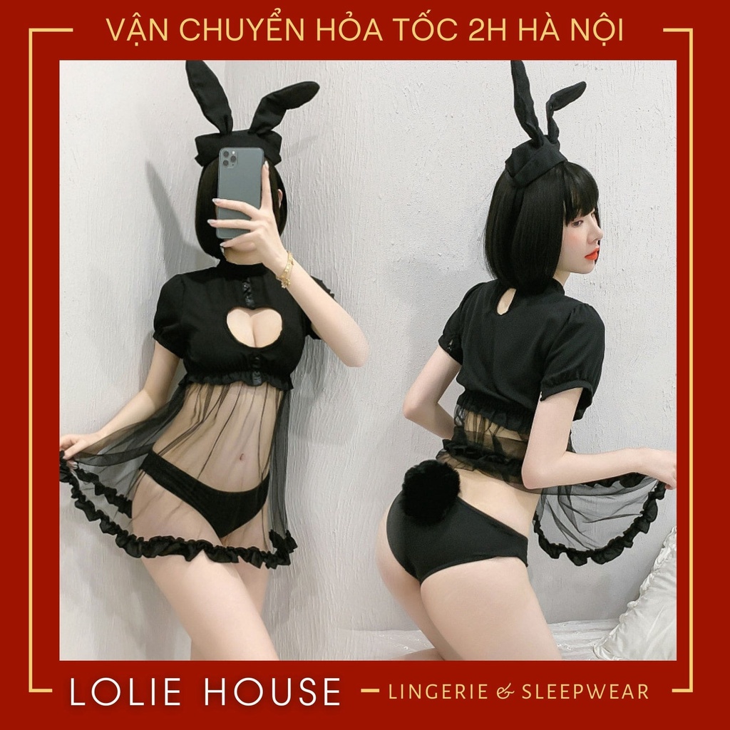 Cosplay thỏ sexy dáng váy đầm ngủ xuyên thấu có quần lót cục bông bờm tai thỏ  LOLIE HOUSE - CP50