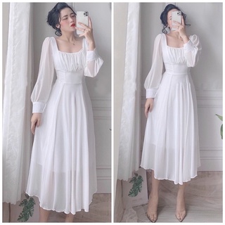 Đầm trắng cổ vuông nhúng ngực tay dài