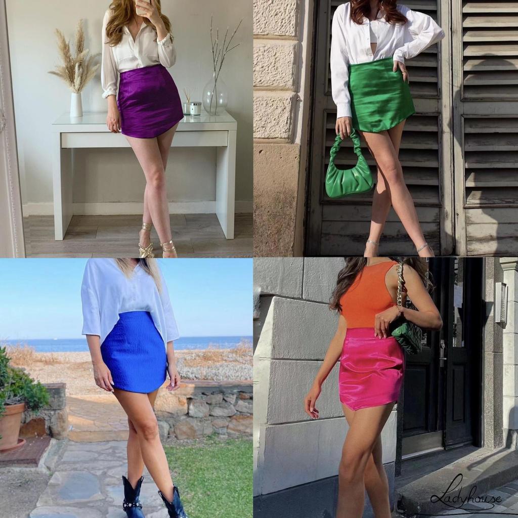 Chân váy chữ A mini bằng satin màu sắc đơn giản thích hợp cho nữ