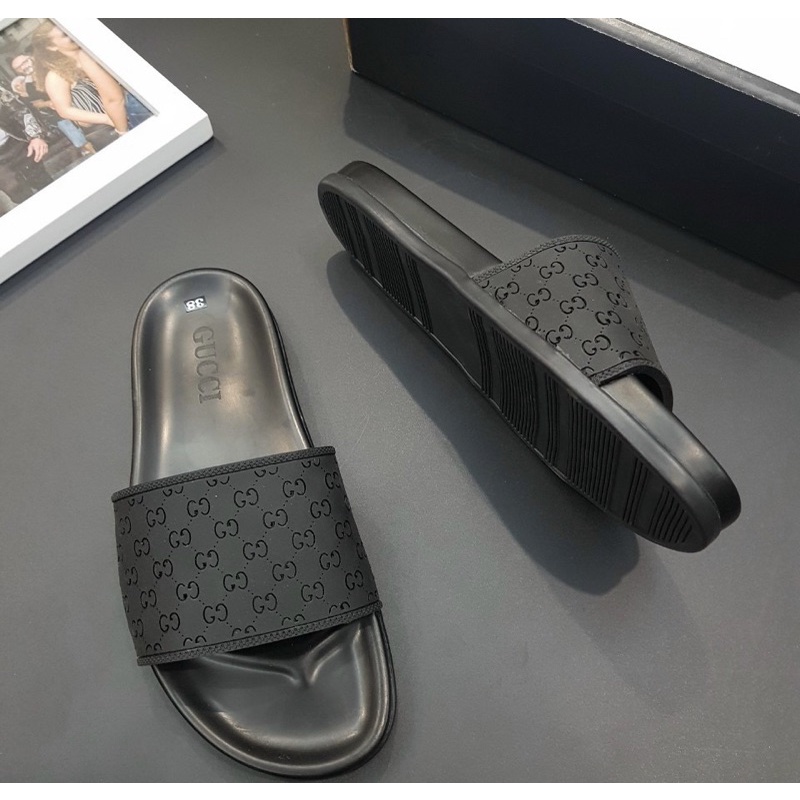 Dép quai ngang có hoạ tiết dập vân logo, Dép da thời trang chống trơn phong cách đơn giản btshop từ 38 đến 42