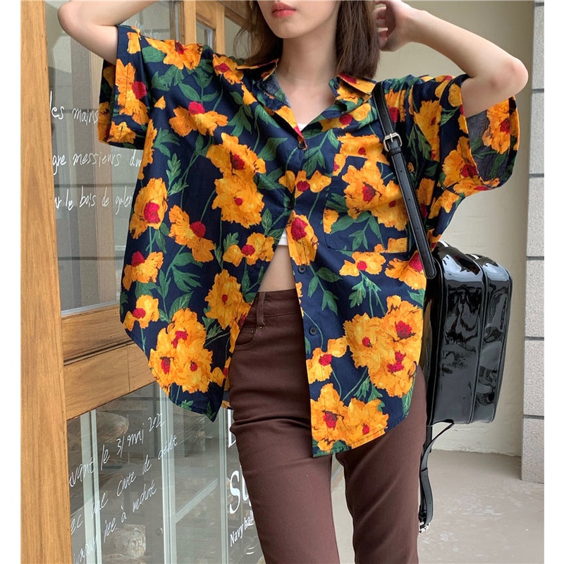 Áo Sơ Mi Nữ Tay Ngắn Họa Tiết Hoa Hướng Dương Thời Trang