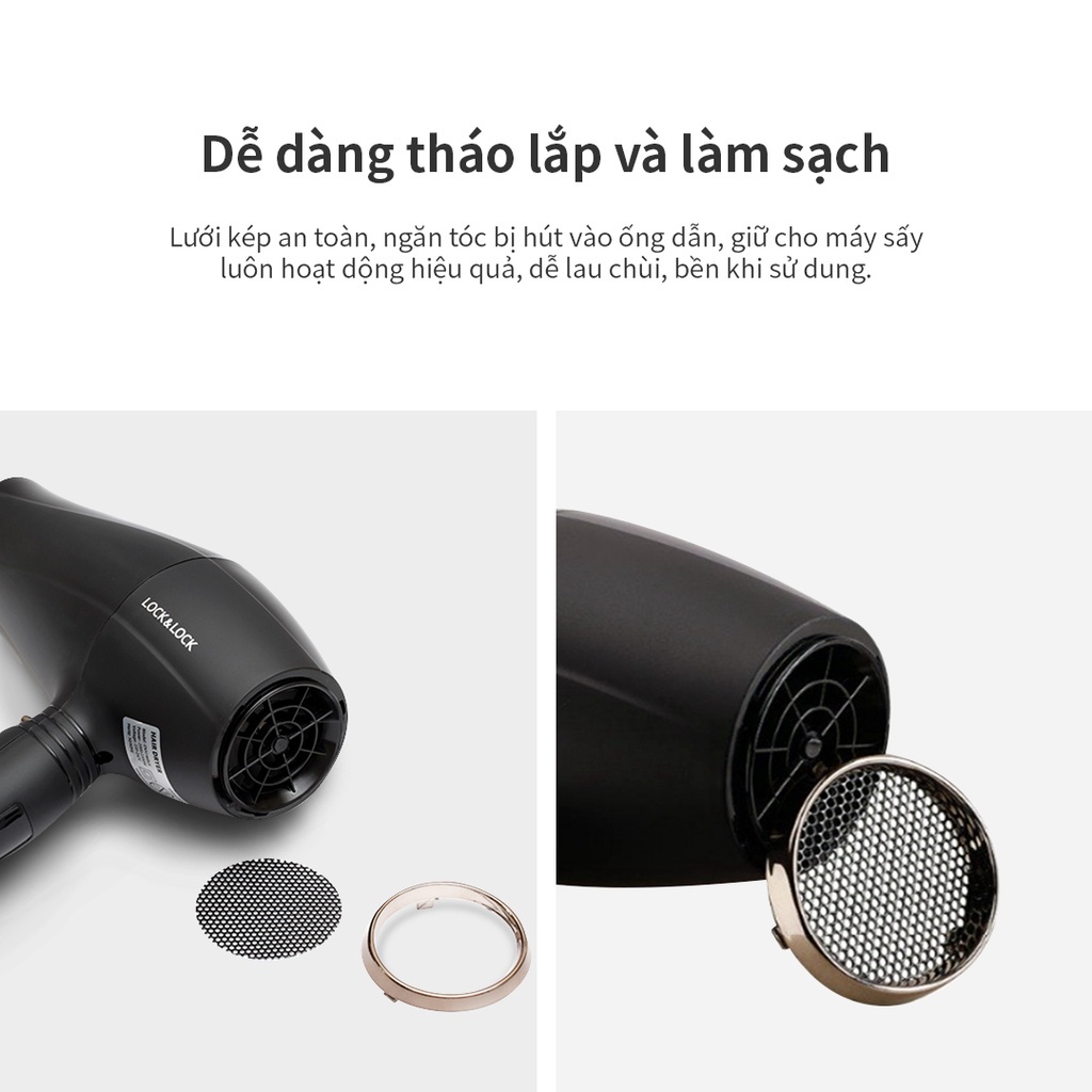 Máy sấy tóc LocknLock ENA146BLK ENA136WHT - Hàng chính hãng, chế độ nóng lạnh, kèm đầu dẹp tạo kiểu tóc - K-MALL