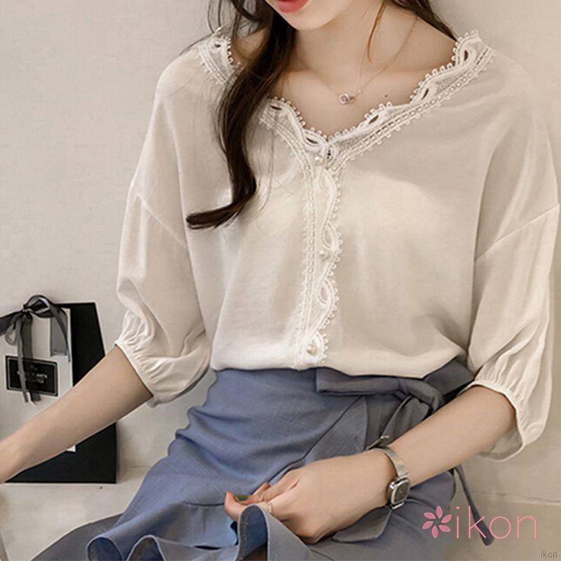 Áo cổ tim tay lửng bằng cotton pha trơn màu xinh xắn dành cho nữ