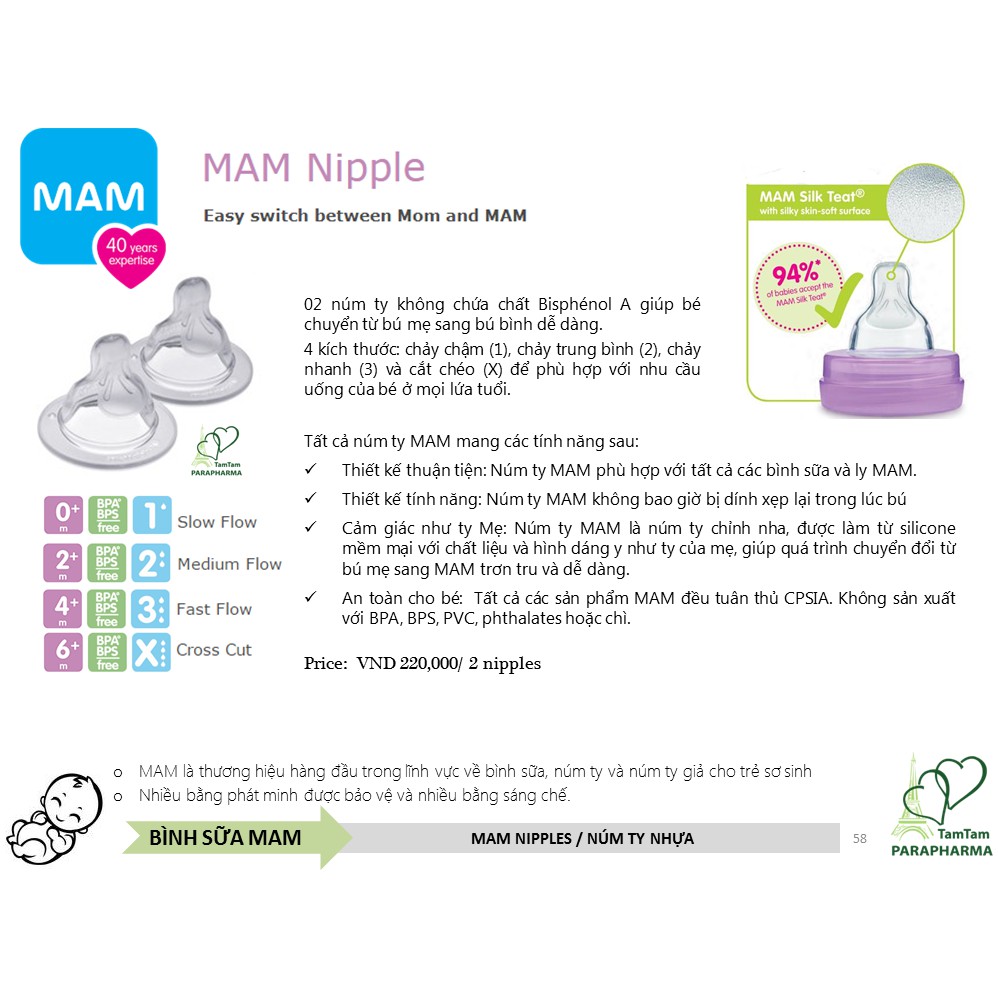 Cặp 02 núm ty thay bình MAM các cỡ - 200K theo bình Mam