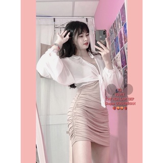 Set áo voan cột eo + đầm body 2 dây nhún