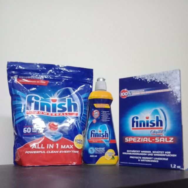 Combo 60 viedn rửa chén Finish +1.2kg muối làm mềm nước Finish + chai 400 ml nước làm bóng
