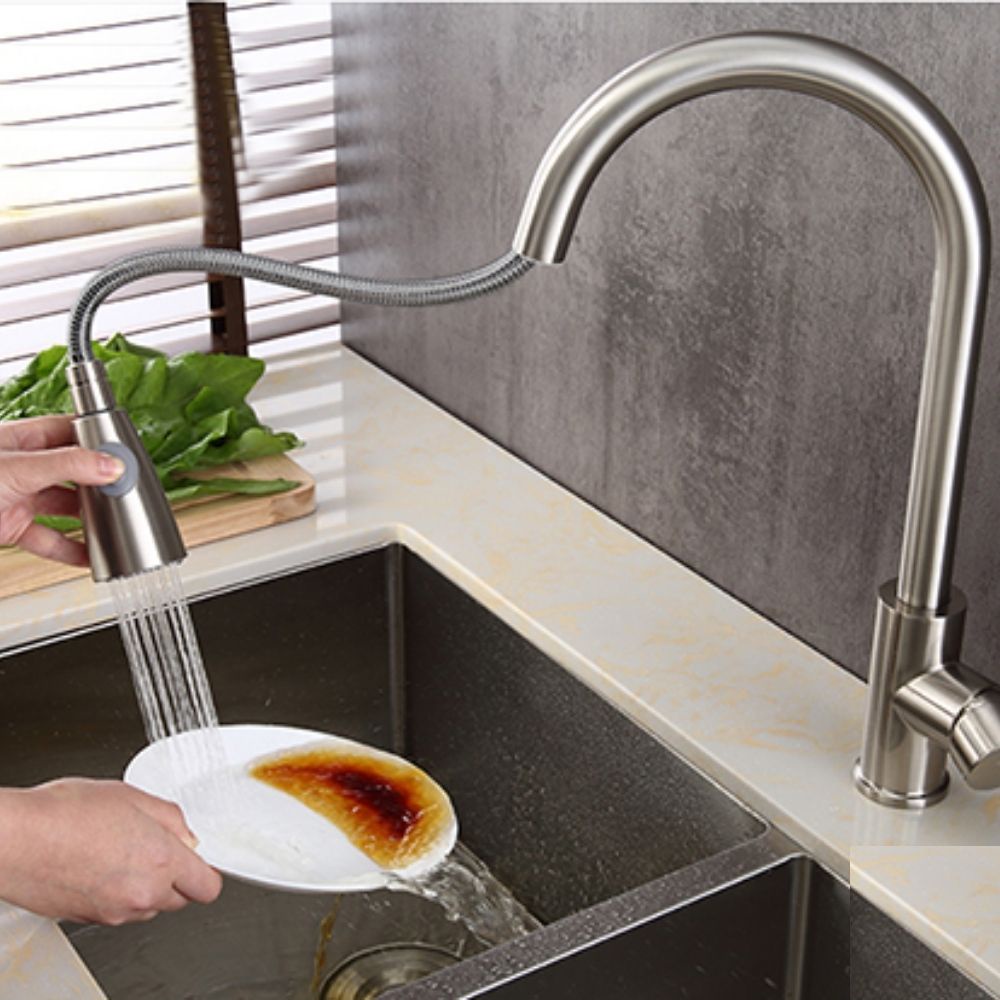 Vòi sen rửa bát dây rút Inox Sus 304 cao cấp , gật gù nóng lạnh rửa chén xoay 360 tăng áp có nút bấm bảo hành 24 tháng