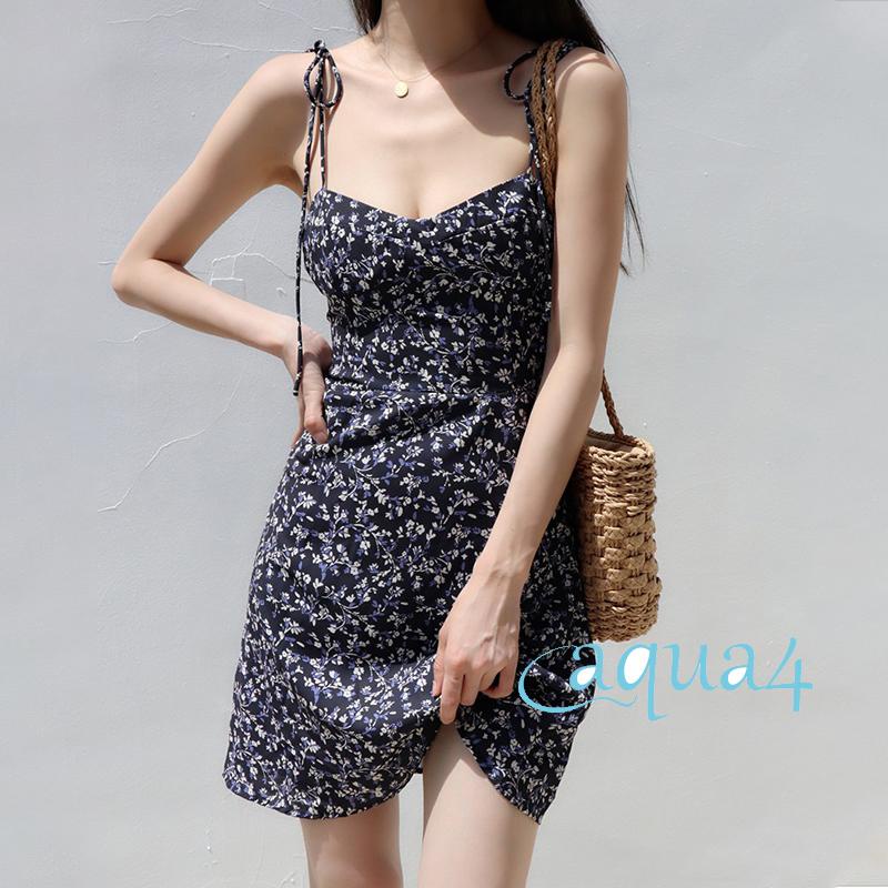 ANANA-Women Tie-up A-line Dress, Slim-fit Backless Floral Print V-neck Spaghetti Strap One-piece