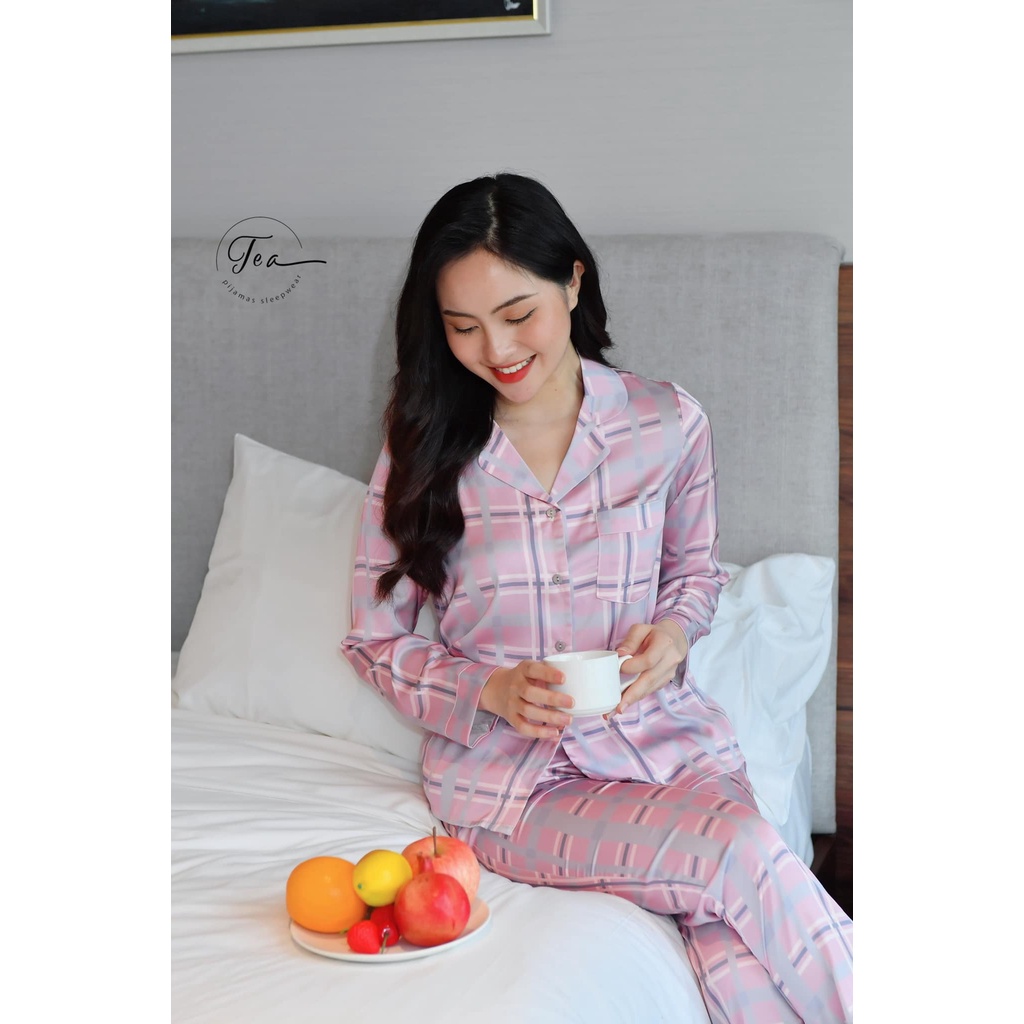 Bộ Mặc Nhà Pyjama Cao Cấp Tea Store Tay Dài Quần Dài Họa Tiết Caro Hồng Xám