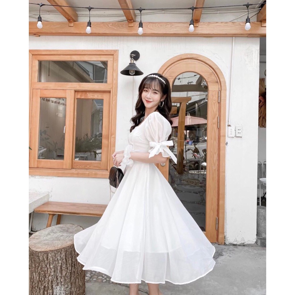 Đầm Cổ Vuông Tay Nơ Nút Ngực ( Kèm Hình Thật ) - D0334 | BigBuy360 - bigbuy360.vn