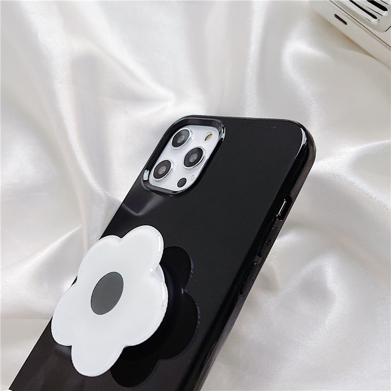 Ốp Điện Thoại Mềm In Hình Hoa Trắng Đen Có Giá Đỡ Cho iPhone7/8plus X/Max/XR 12/11ProMax