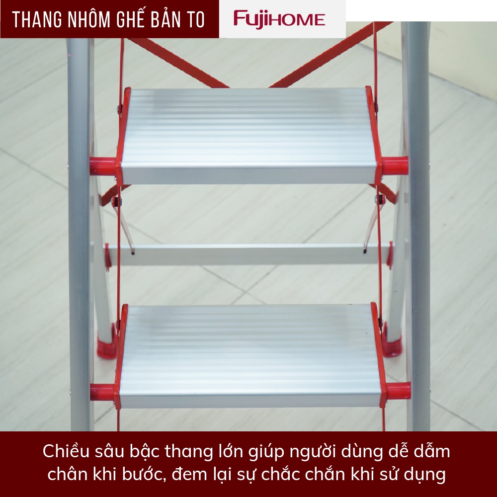 Thang ghế nhôm tay vịn chữ A bản to 4 - 5 - 6 bậc từ 1,4M - 1,9M xếp gọn FUJIHOME